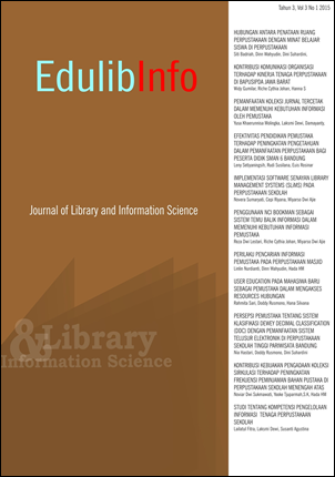 Jurnal Edulibinfo merupakan jurnal pada bidang kajian Perpustakaan dan Ilmu Informasi (Perpusinfo) yang diterbitkan oleh Program Studi Perpustakaan dan Ilmu Informasi, Departemen Kurikulum dan Teknologi Pendidikan, Fakultas Ilmu Pendidikan, Universitas Pe